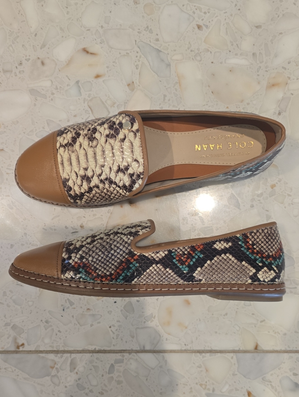 Cole Haan Tan Snake-Print Leather Loafers with Multicolor Accents